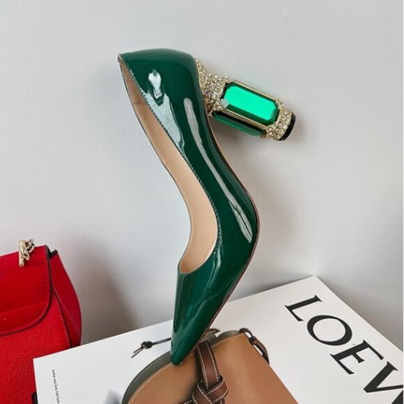 FSJ Shoes - FSJ Green Bridal Pointed Toe Chunky High Heel Crystal Pump Slip on Wedding Shoes